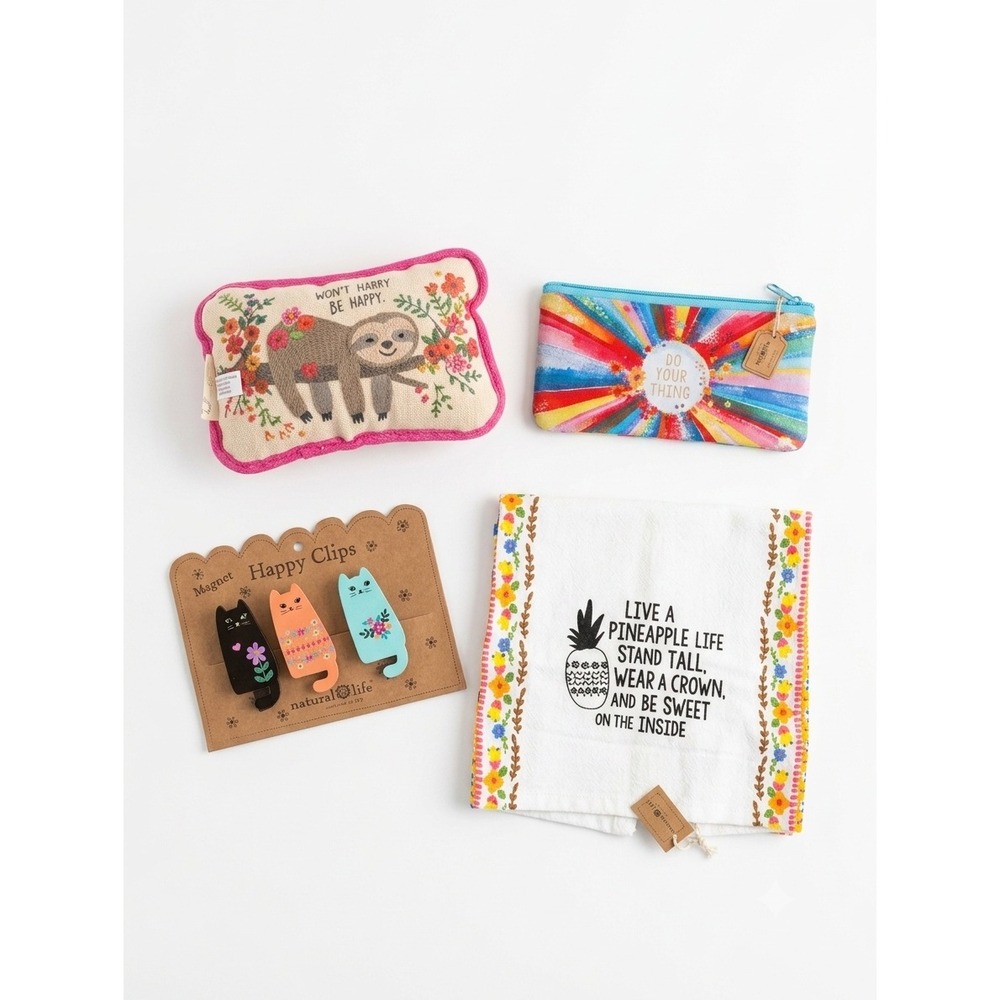 Natural Life Gift Set Sloth Dog Toy Cat Magnets Pineapple Towel Pouch Bundle NWT